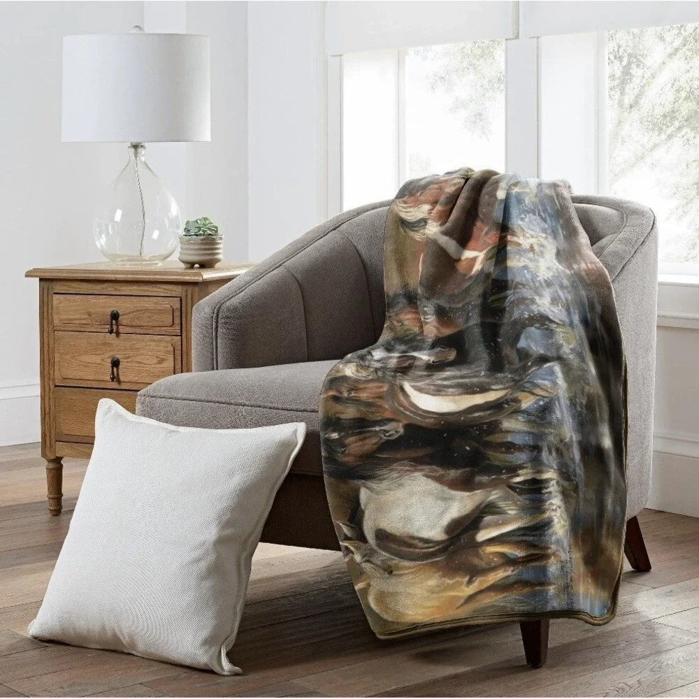 American Heritage Horses on Water Blanket Plush Raschel Throw Rush Hour 50x60 In